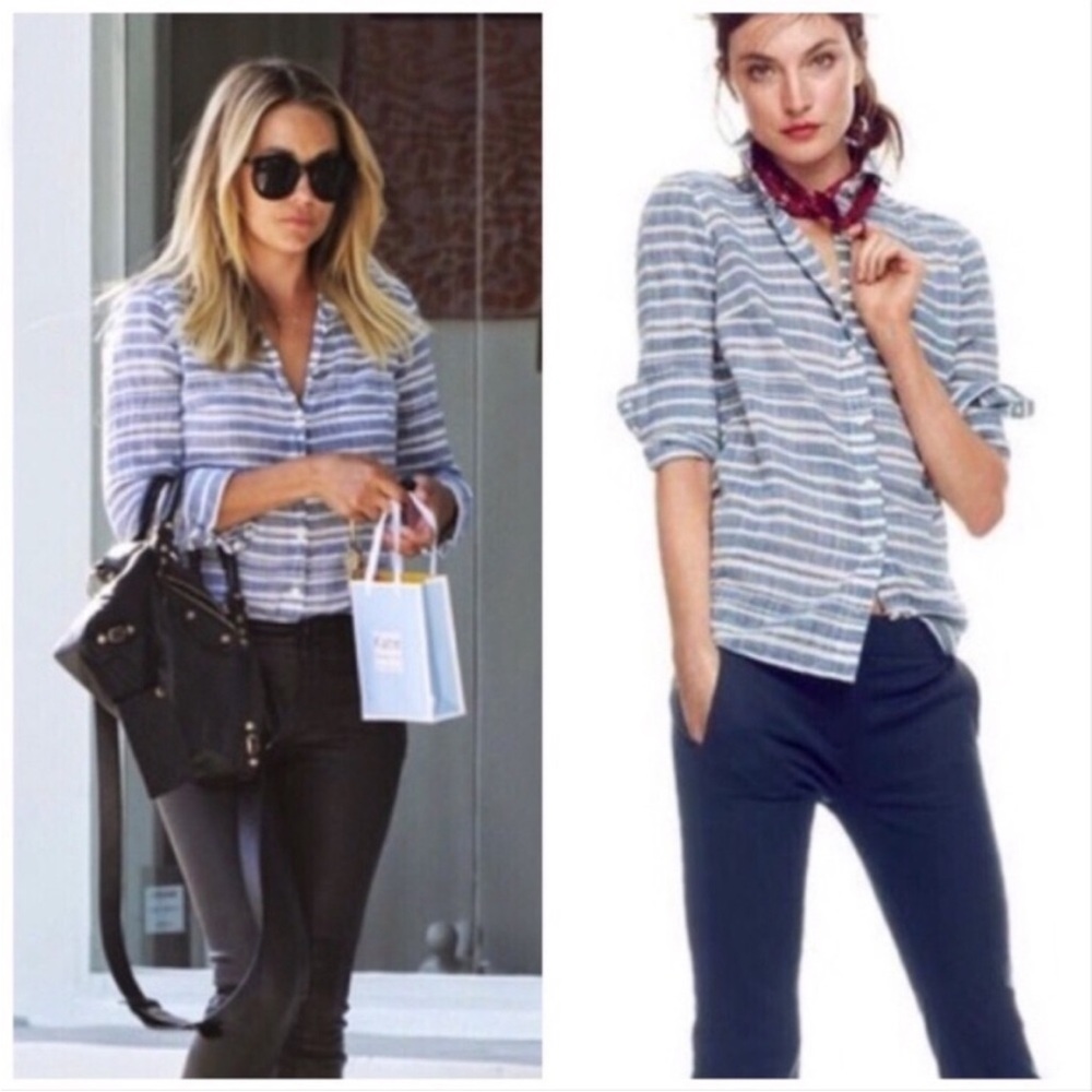 J CREW Striped Cotton linen Shirt Ladies 0 XS blue white l/s pocket button front